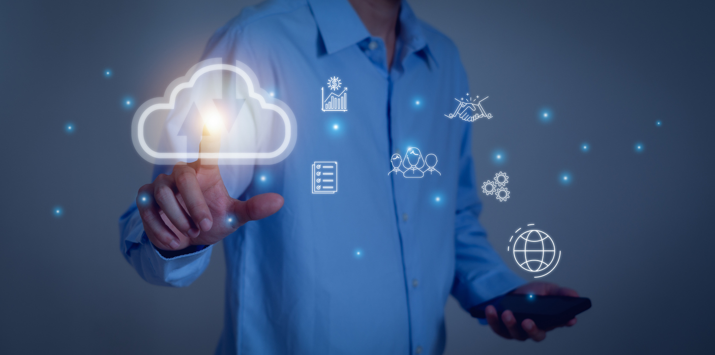 Cloud technology concept with digital icons, hybrid and scalable Cloud solutions for businesses.